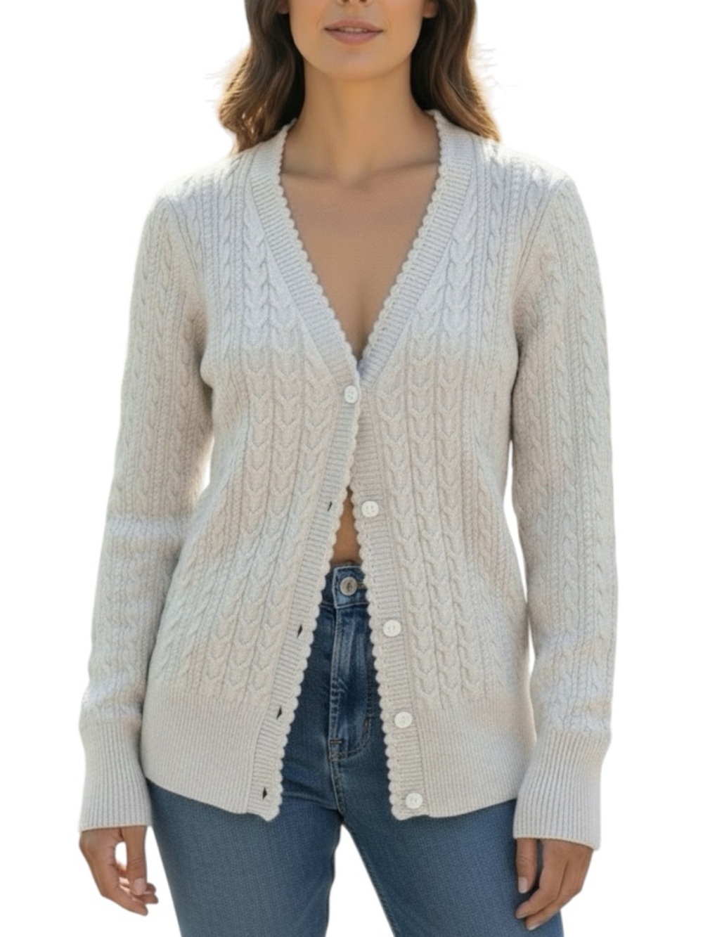 Eddie Bauer Metallic Ivory Cable Knit Cardigan Size Medium Feminine Sparkle